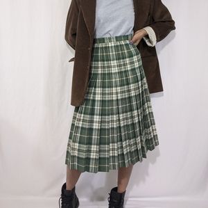 Vintage Tartan Pleated Green Plaid Midi Skirt